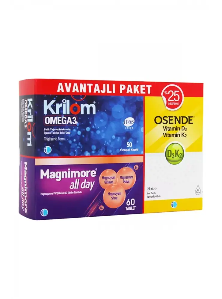 8680133003233 Krilom Omega3 50 Kapsül+ Magnimore Allday 60 Tablet + Osende D3k2 20 ml Avantajlı Paket - Görsel 1